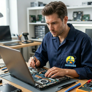 un technicien réparant un ordinateur